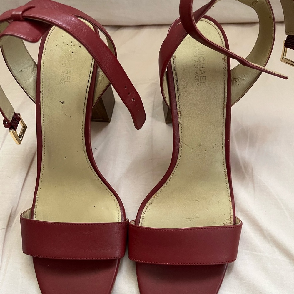 Michael Kors Burgundy Leather Block Heel Sandals